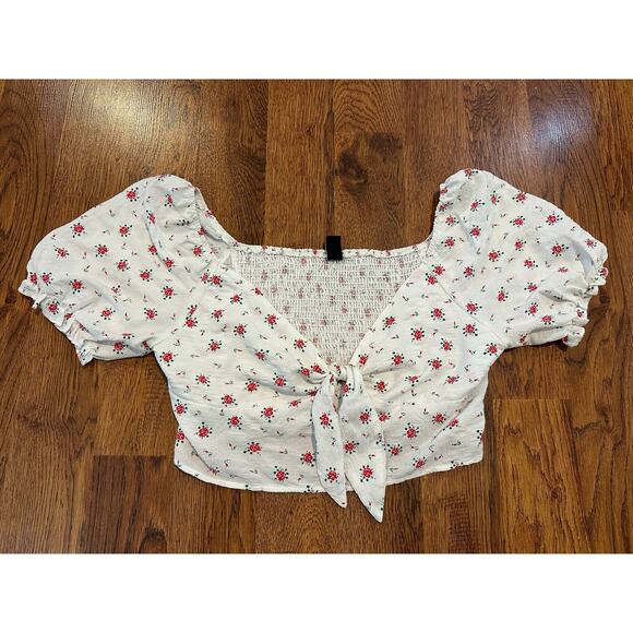 Cider Women's Floral Bubble Sleeve Knot Front Cropped Blouse White Size XL - Picture 3 of 9